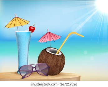 Summer beach juice and glasses with coconut cocktail