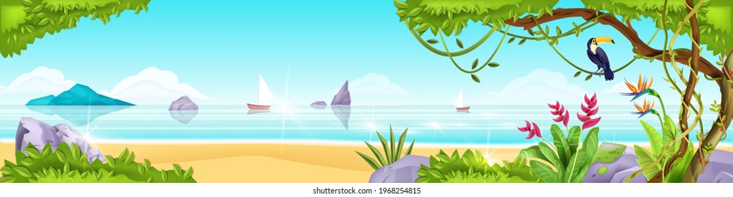 Summer beach jungle island vector landscape, toucan, exotic tree, ocean, sand, rocks, tropical flowers. Paradise nature seashore panoramic view, liana, stones, bushes. Beach landscape vacation banner