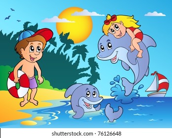 Summer beach with kids and dolphins - vector illustration.