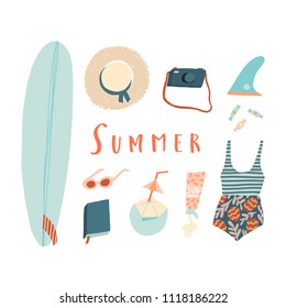 Summer beach kit of objects. Surfing Illustration in vector. Poster, tee, card design.