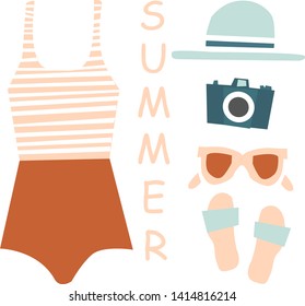 Summer beach kit of objects. Surfing Illustration in vector. Poster, tee, card design. Summertime illustration in vector