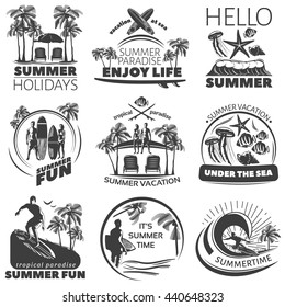 Summer beach label set with descriptions of summer holidays hello summer under the sea summer fun vector illustration