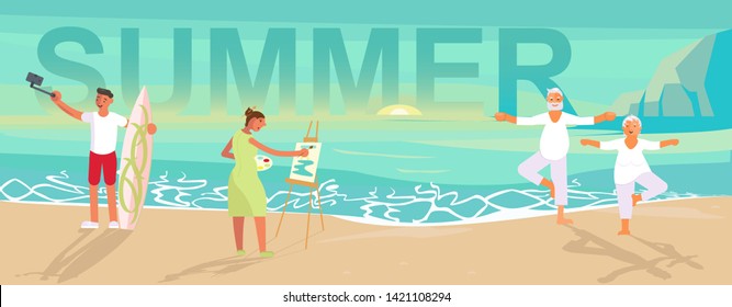 Summer beach landscape background. Holidays and vacations banner with people do yoga, write a picture and take a selfie at sunset. Flat Art Vector illustration