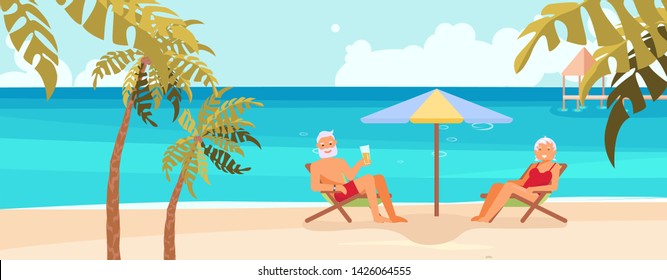 Summer beach landscape background. Holidays and vacations banner with Senior age couple family people on vacation. Flat Art Vector illustration. 