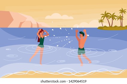 Summer beach landscape background. Holidays and vacations banner with fun couple playful splashing water together at the seaside. Flat Art Vector illustration. 
