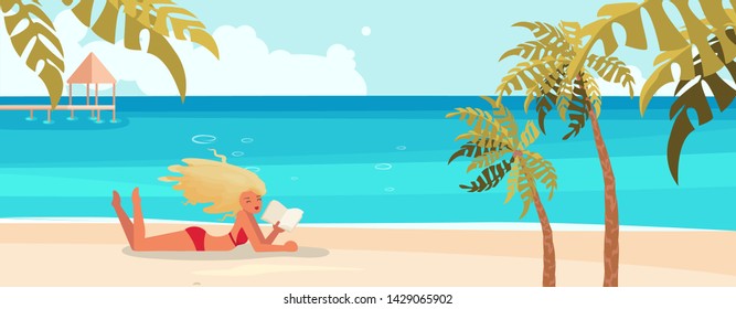 Summer beach landscape background. Holidays and vacations banner with beautiful girl lies on the coast with a book and sunbathes. Flat Art Vector illustration. 