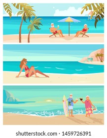 Summer beach landscape background. Holidays and vacations banner with people sunbathing, relaxing and ride an aqua bike. Flat Art Vector illustration
