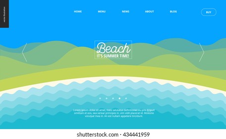 Summer beach landscape background web banner template - cartoon vector illustration of summer landscape with water and hills on blue sky