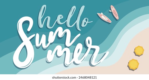 Summer beach landscape banner, ocean island vector background, coastal sand, boat, island, exotic coast, tropical nature vacation. Hello summer vector illustration.