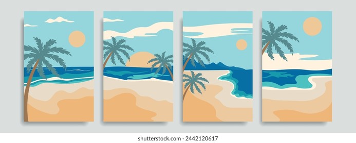 Summer beach landscape. Beautiful scenery of sandy beaches with palm trees, sea with waves. Vector.