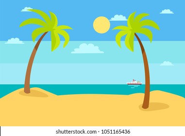 Summer beach landscape with blue sea, hot sand and endless sky with clouds, ship in ocean, palm trees, tropical beach vector illustration summer scenery
