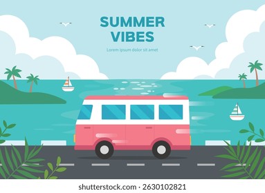 Verão Praia Paisagem com Camper Van na Natureza