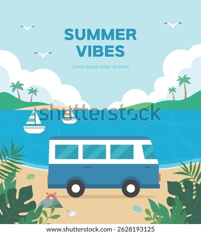 Summer Beach Landscape with Camper Van in Nature