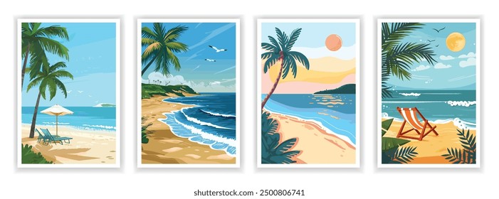 Dibujo de paisaje de playa de verano. Ilustración vectorial de costas arenosas, olas del océano y paisajes tropicales. Obra de arte editable para carteles de vacaciones, portadas o diseños con temática de playa.