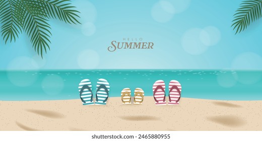 Summer Beach landscape with flip-flops and palm leaves