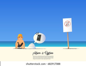 Summer beach landscape with kid and No Mobile phone on blue gradient sky background  with copy space for your text.  Vector Illustration.