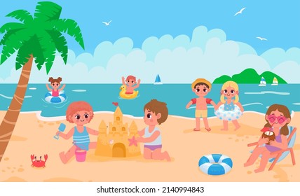 Summer beach landscape with kids playing toys. Vector beach sea summer, landscape vacation illustration, cute characters kids near sea coast