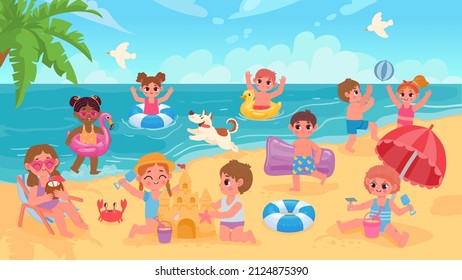 Summer beach landscape with kids swimming and playing with ball. Children in sea on rubber rings. Cartoon seaside vacation vector concept. Illustration of summer beach, kids vacation