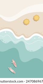 Summer beach landscape, ocean island background, shore sand, boat,  exotic seashore. Tropical nature  illustration. Vector illustration