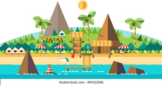 Summer beach landscape. Ocean, sun, palms. Vector flat illustration.