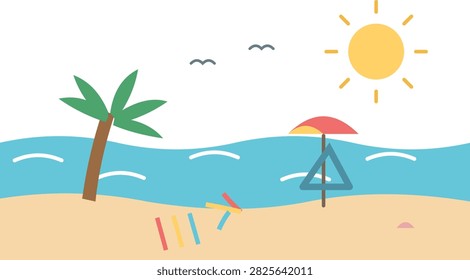 Summer beach landscape with ocean waves, sandy shore, palm tree, beach umbrella, and bright sun.