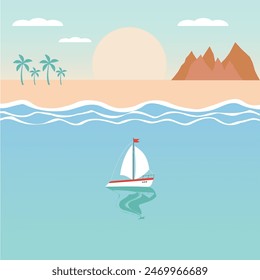 Summer beach landscape with palm tree, mountain, sun and clouds. yacht on the sea. vector illustration