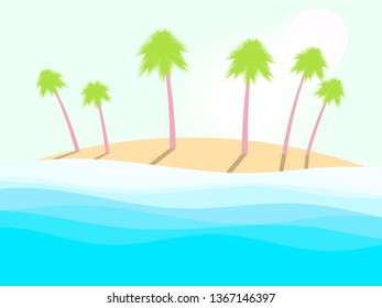 Summer beach. Landscape with palm trees, sea waves and the sun. Vector illustration
