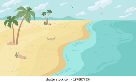 Summer beach landscape panorama, flat cartoon background. Vector paradise, ocean or sea seashore, water, sand and palm trees. Summertime holidays vacation, seaside seascape, blue sky with clouds
