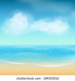 Summer Beach Landscape Scene with Sea, Sand and Fluffy Clouds in a Blue Sky