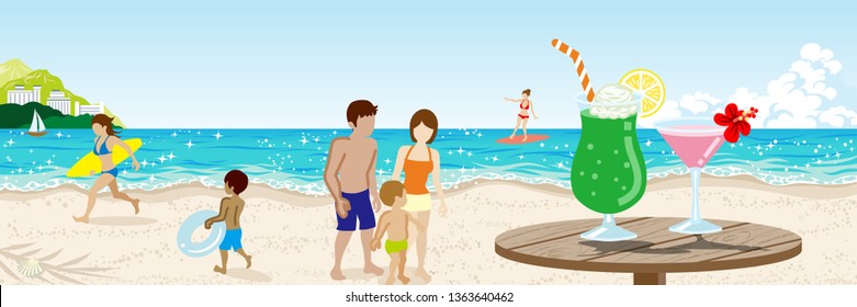 Summer beach landscape, sea bathing  people and Cocktail juice - copy space 