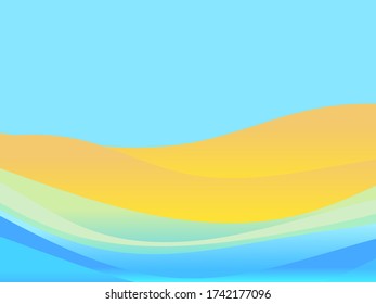 Summer beach landscape. Sea coast scene. View of the sandy beach and the surf. Typographic background for advertising, postcards, poster and banner. Vector illustration