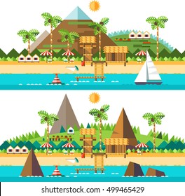 Summer beach landscape set. Ocean, sun, palms. Vector flat illustration.
