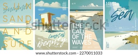 Summer. Beach. landscape. Set of vector illustrations. Typographic poster design and watercolor art on background.