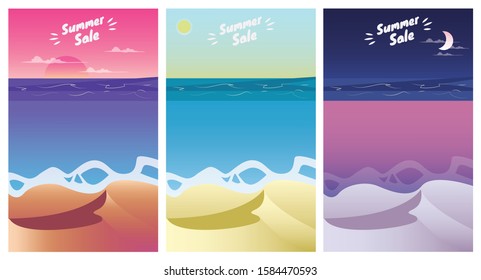 Summer beach landscape at sunrise, sunset and night. Summer Sale Season banners set template vector illustration