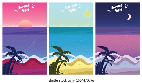 Summer beach landscape at sunrise, sunset and night. Summer Sale Season banners set template vector illustration