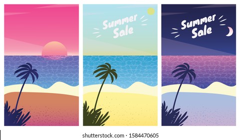 Summer beach landscape at sunrise, sunset and night. Summer Sale Season banners set template vector illustration