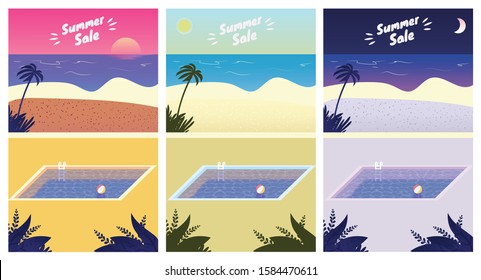 Summer beach landscape at sunrise, sunset and night. Summer Sale Season banners set template vector illustration