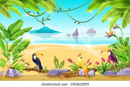 Summer beach landscape, tropical exotic vector background, sea, sand, rocks, banana and palm leaf. Seascape horizontal view, vacation paradise resort banner, ocean. Nature beach landscape, sky, island