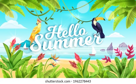 Summer beach landscape, tropical paradise background, toucan, parrot, exotic flowers, ocean, sand, rocks. Hawaii holiday resort vacation illustration, coastline, island, sky. Bali beach landscape view