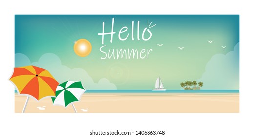 Summer beach landscape vacations postcard with tropical beach. Summer travel and holidays concept vector illustration.