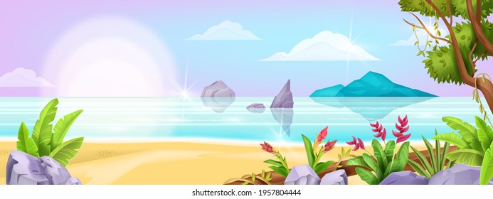 Summer beach landscape, vector ocean exotic background, tree foliage, sea, tropical island, sand, rock. Paradise idyllic nature Hawaii seascape, resort holiday view. Beach landscape shore illustration