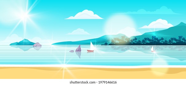 Summer beach landscape, vector ocean island background, shore sand, sailing boat, island, palm silhouette. Exotic seashore, tropical nature vacation illustration. Horizontal beach lagoon landscape