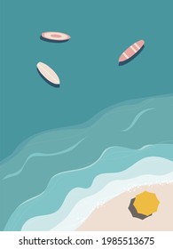 Summer beach landscape, vector ocean island background, shore sand, boat, island, Exotic seashore, tropical nature vacation illustration