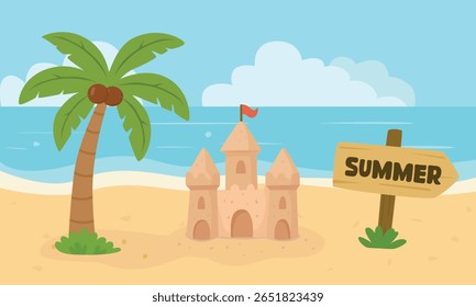 Sommer Strand Landschaft Vektor mit Palme, Sandburg, Sand und blaues Meer. Sandburg auf Strandclipart im flachen Cartoon-Stil. Küstenlandschaft.