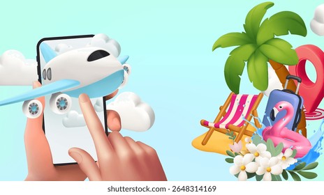 Summer beach landscape, vector sea background, sand, paradise island view, tropical plants, flowers. Airplane tickets Seaside ocean shore vacation travel banner, nature resort illustration. 