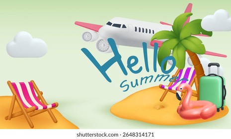 Summer beach landscape, vector sea background, sand, paradise island view, tropical plants, flowers. Seaside ocean shore vacation travel banner, nature resort illustration. 