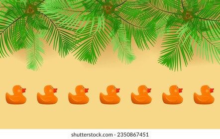 Summer beach layered background. Sandy beach background with palm trees and yellow rubber ducks