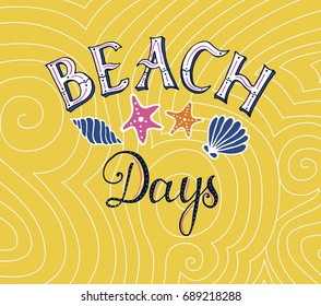 Summer beach lettering isolated on yellow background with swirls. Vector illustration.