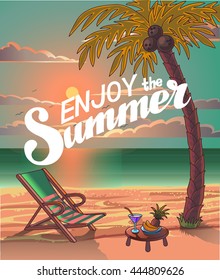 Summer Beach Lettering Vector Design in the Seashore with Palm tree and Chair. Enjoy the Summer. Summer Background. Vector Illustration. Beach Holidays