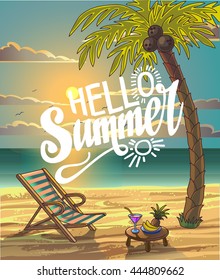 Summer Beach Lettering Vector Design in the Seashore with Palm tree and Chair. Hello Summer. Summer Background. Vector Illustration. Beach Holidays